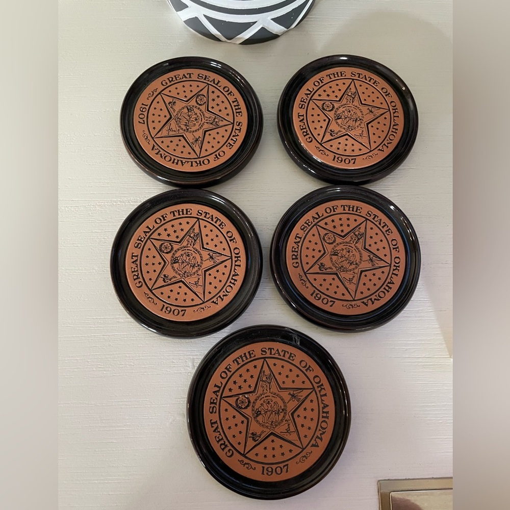 FRANKOMA U.S.A. "GREAT SEAL OF THE STATE OF OKLAHOMA 1907" CERAMIC COASTER SET
